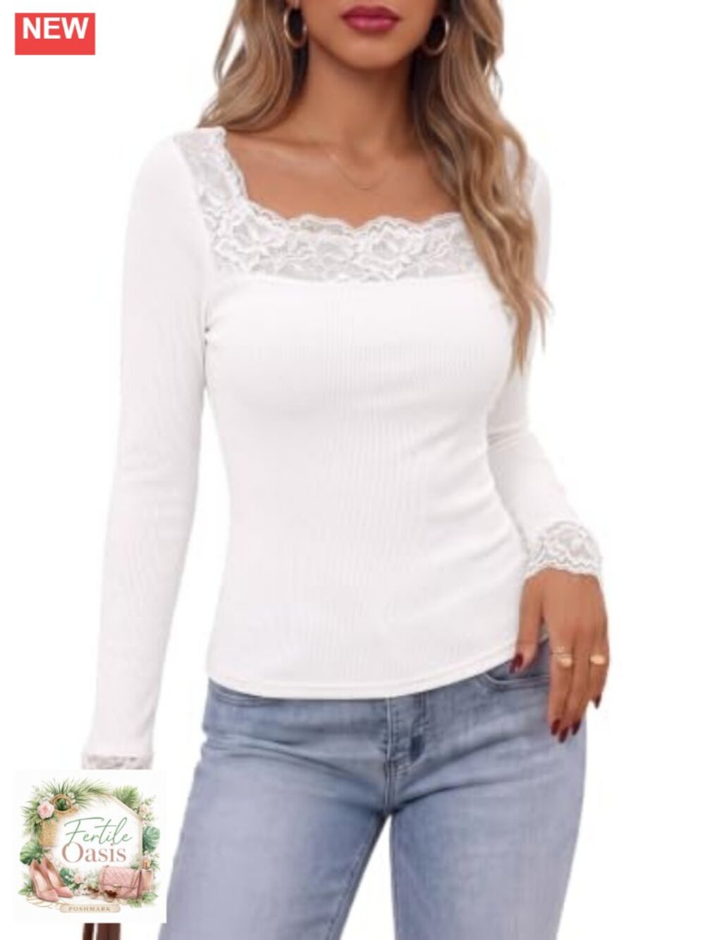Women's Lace Long Sleeve Ribbed Knit Stretch T-Shirt Top